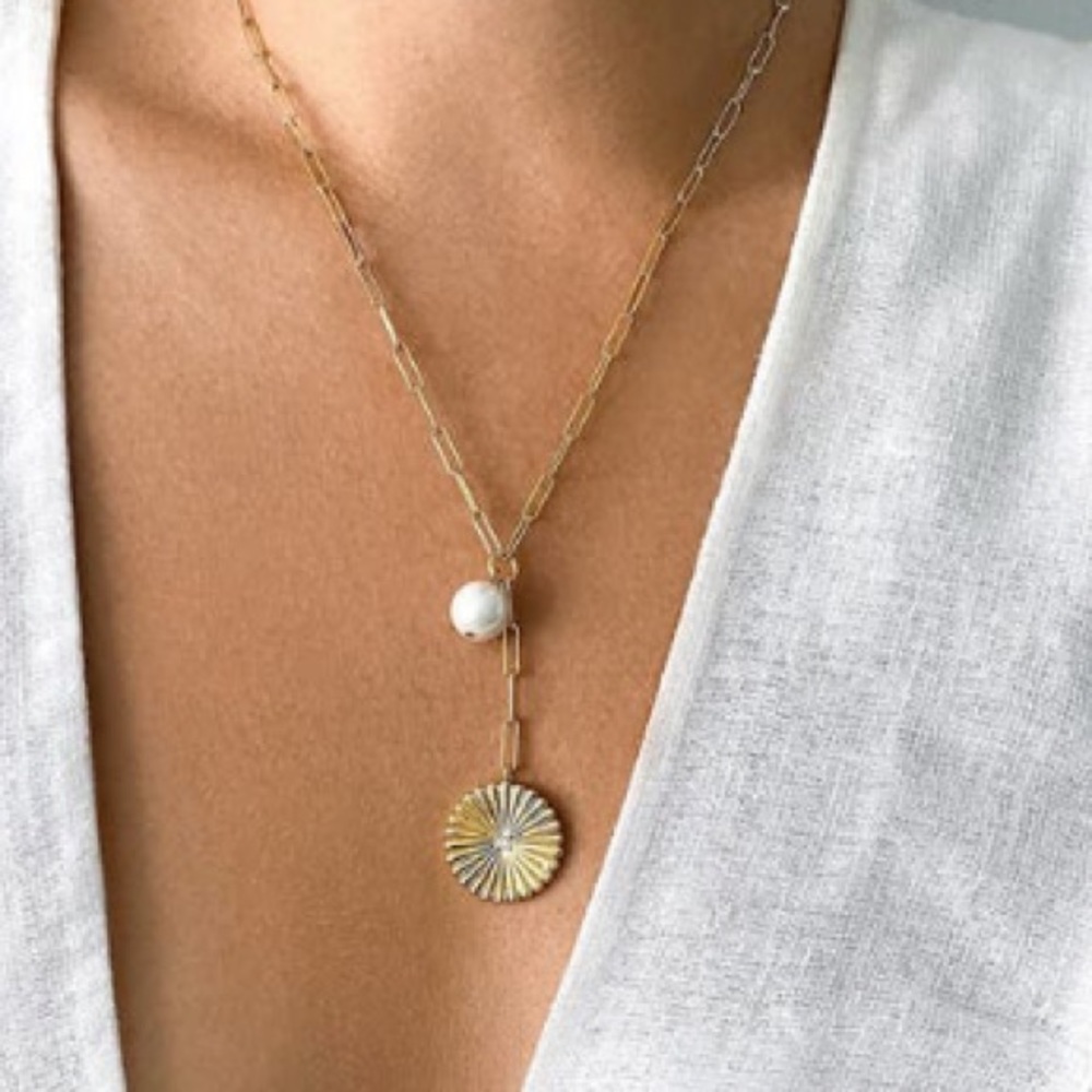 NEW 14K gold vermeil y-necklace with a sunburst pendant and a pearl accent